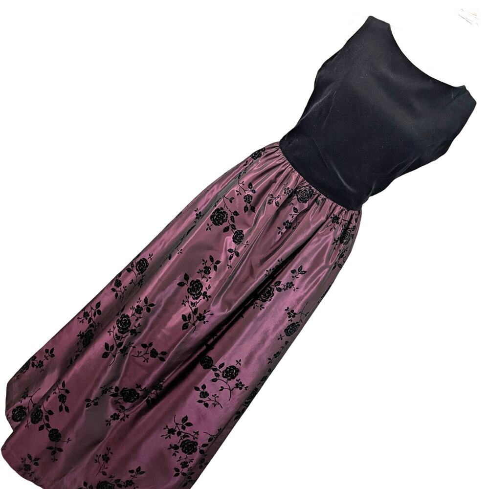 LAURA ASHLEY! STUNNING ELEGANT BURGUNDY FLORAL W/BLACK VELVET MAXI DRESS! SZ 4